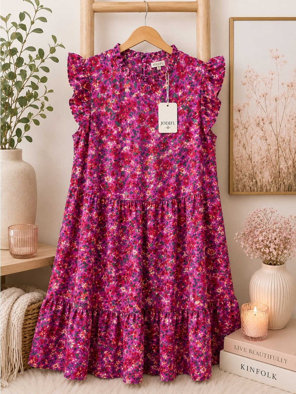 JODIFL Fuchsia Pink Floral Ruffle Tiered Dress
